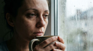 A woman gazes thoughtfully out a rain-covered window while holding a mug close to her face.