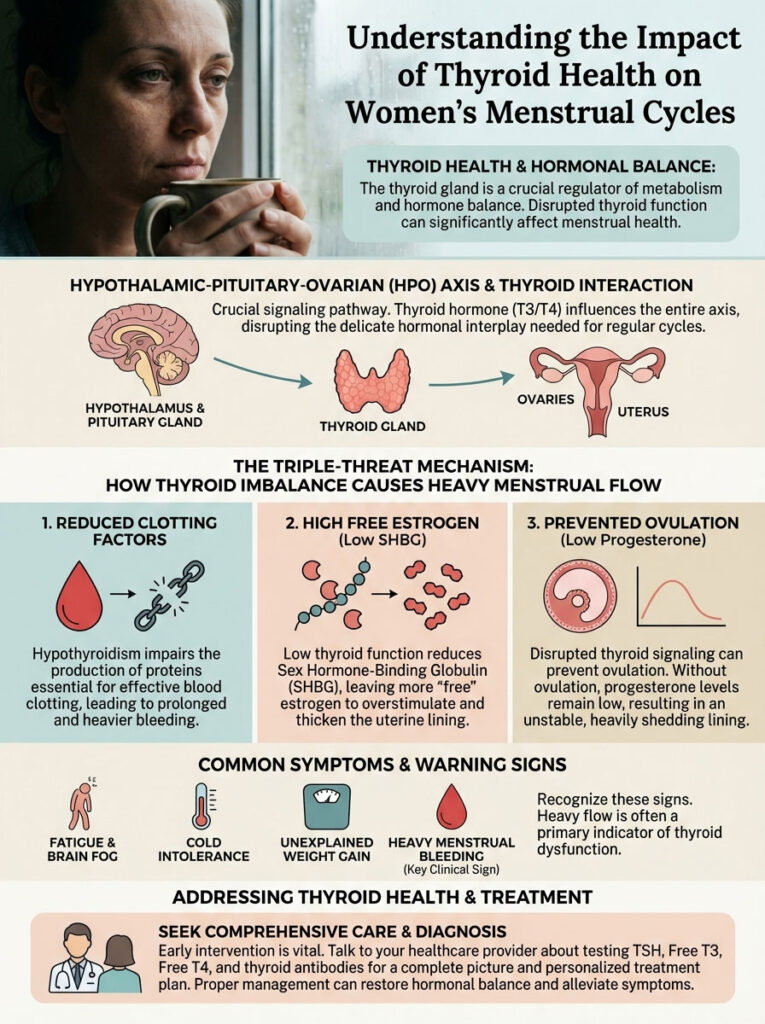 Infographic explaining thyroid health's impact on women's menstrual cycles with charts and symptoms listed.