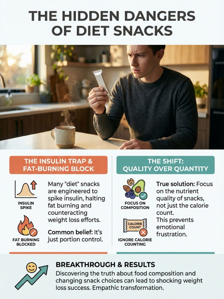 A man examines a diet snack while sitting at a kitchen table, with an infographic about diet snacks' hidden dangers.