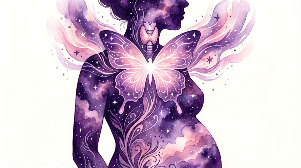 A silhouette of a pregnant woman with a butterfly and cosmic elements in purple hues.