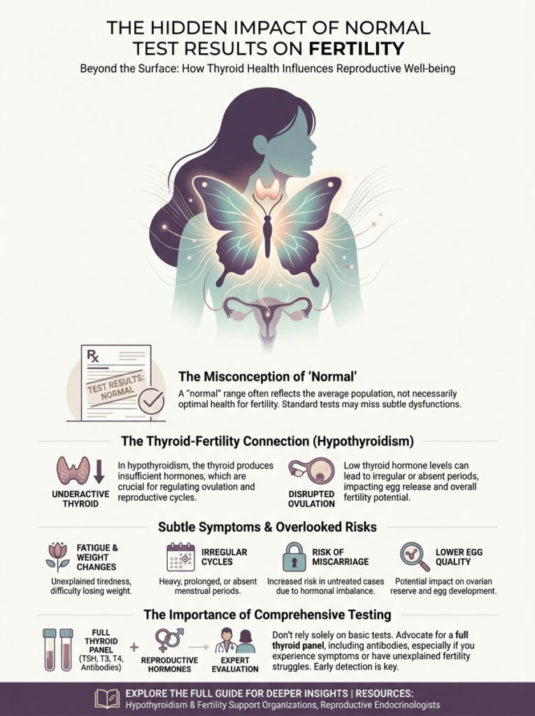 Infographic showing thyroid health's impact on fertility, including symptoms and testing importance.