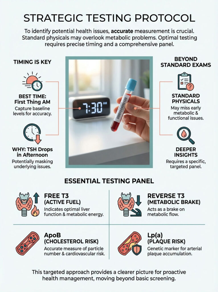 Infographic showing strategic testing protocol with a clock, blood sample, and key testing metrics for health assessment.
