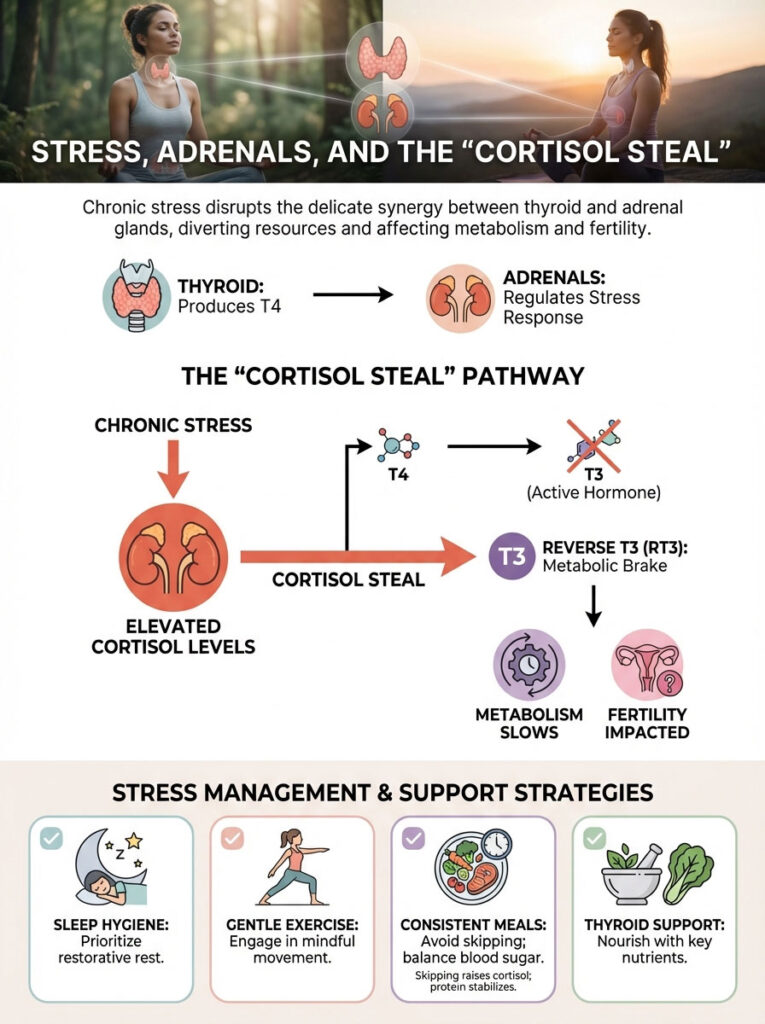 Infographic explaining stress, adrenals, and cortisol steal with charts, icons, and strategies for management.