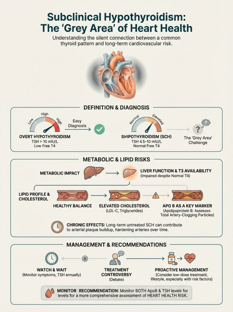 Infographic explaining subclinical hypothyroidism and its cardiovascular risks, featuring charts and icons.