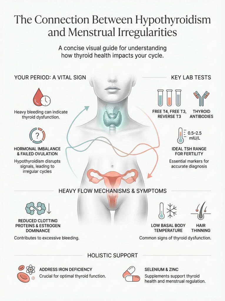Infographic showing connection between hypothyroidism and menstrual irregularities, including symptoms and lab tests.