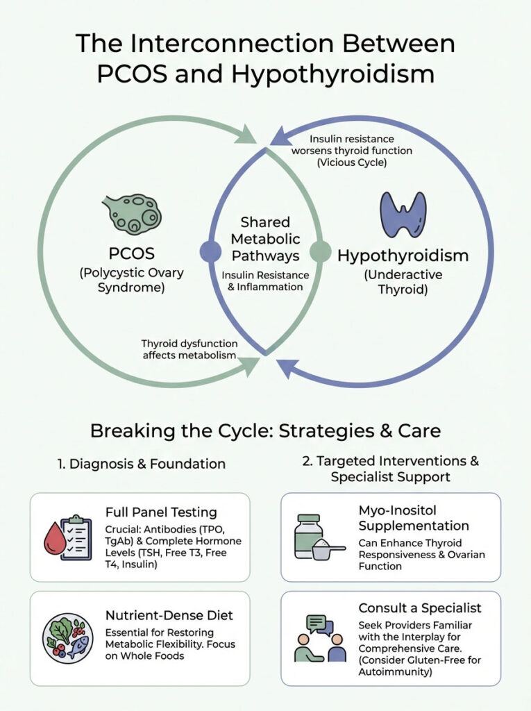 Infographic showing the connection between PCOS and hypothyroidism with strategies for care and diagnosis.