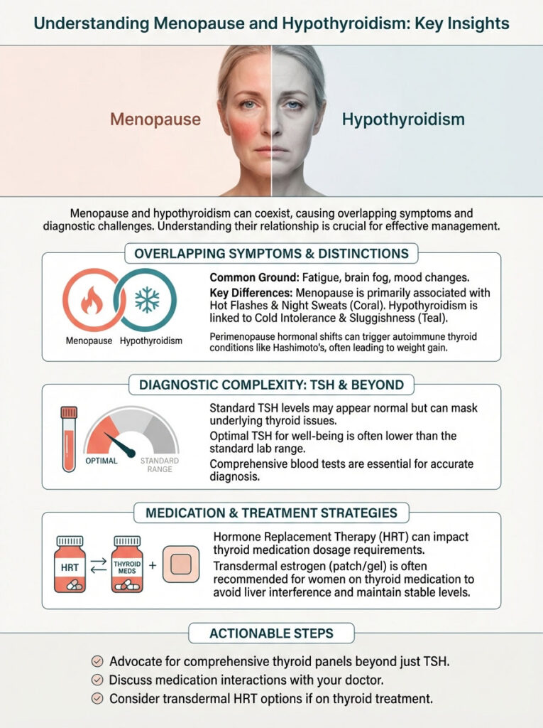 Infographic comparing menopause and hypothyroidism symptoms, diagnosis, and treatment strategies with illustrations.