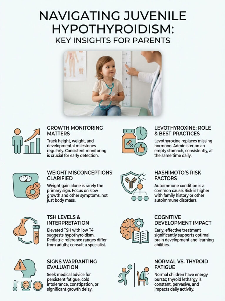 Infographic on juvenile hypothyroidism with key insights for parents, featuring icons and text on monitoring and treatment.