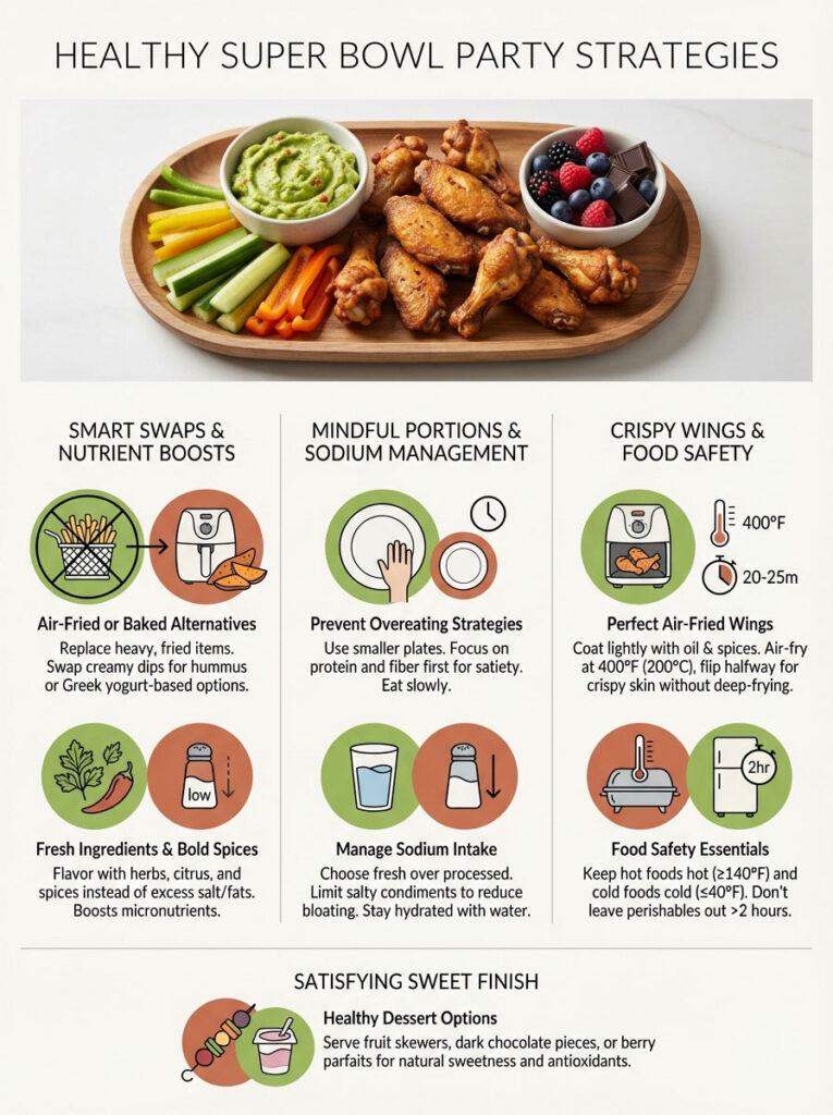 Healthy Super Bowl party strategies with air-fried wings, veggie platter, and dessert options detailed in sections.