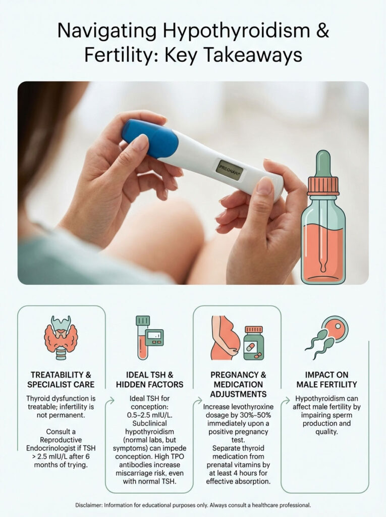 Infographic on hypothyroidism and fertility, showing key takeaways, charts, and illustrations of a pregnancy test and medication.
