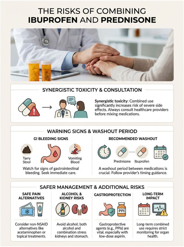 Infographic showing risks of combining ibuprofen and prednisone, including toxicity, warning signs, and management tips.