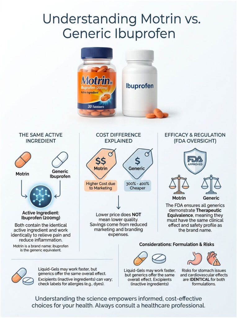 Infographic comparing Motrin and Generic Ibuprofen, showing ingredients, costs, and FDA regulation details.