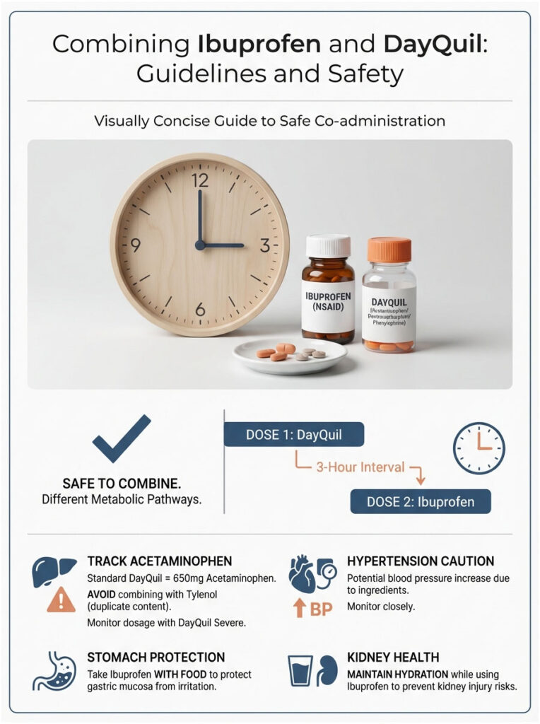 Infographic detailing guidelines for combining Ibuprofen and DayQuil, including dosage and safety tips.