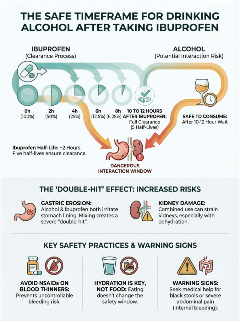 Infographic showing safe timeframe for alcohol after ibuprofen, including charts on clearance and risks of interaction.