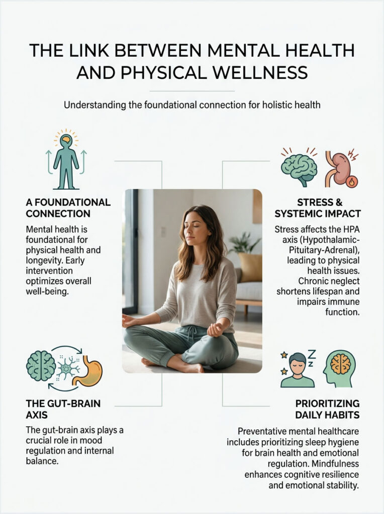 Infographic showing the link between mental health and physical wellness with sections on stress, gut-brain axis, and daily habits.