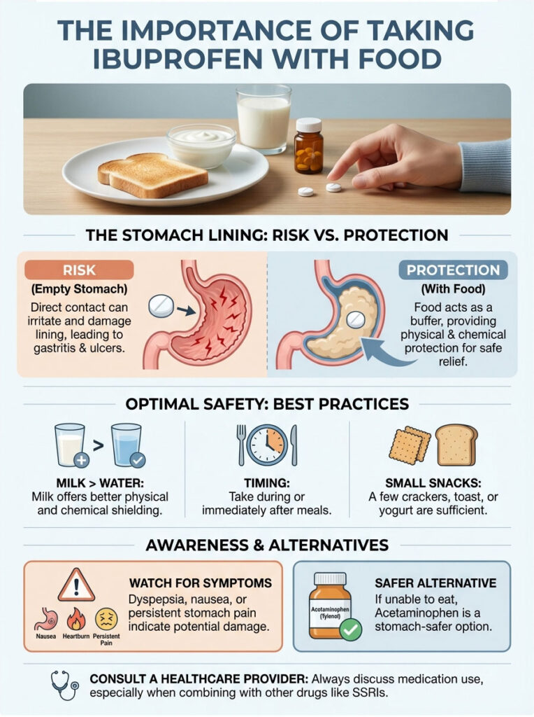 Infographic explaining ibuprofen use with food, showing risks, protections, and best practices for safety.
