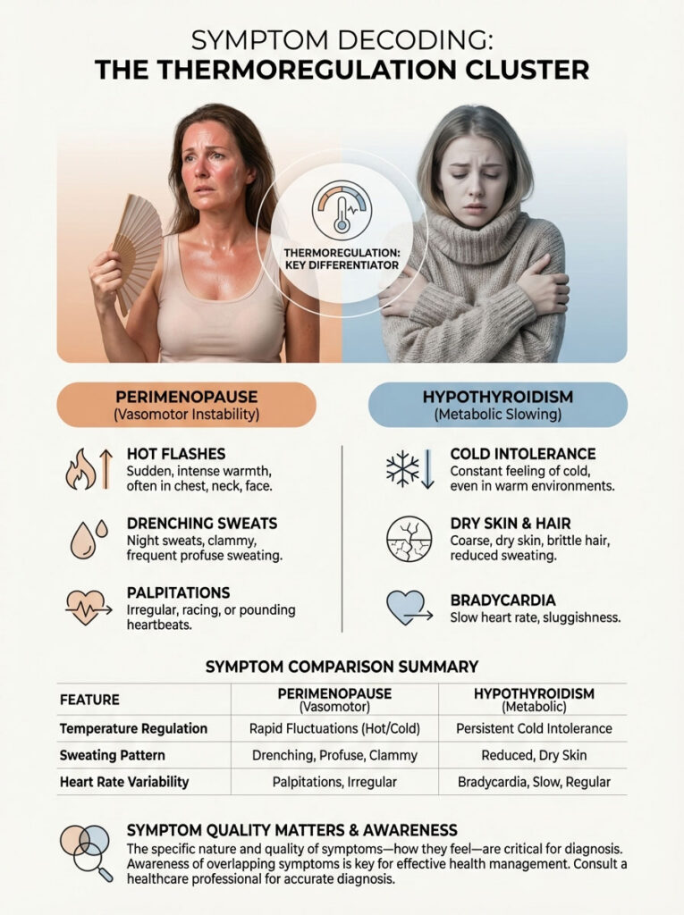 Infographic comparing symptoms of perimenopause and hypothyroidism, featuring charts and icons for clarity.