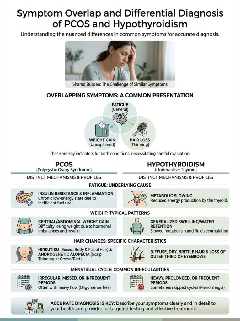 Infographic comparing symptoms of PCOS and hypothyroidism, detailing overlapping symptoms and distinct profiles.