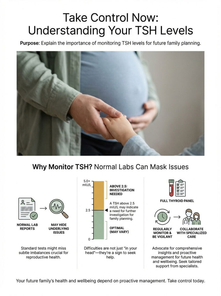 Couple holds hands over a pregnant belly, with TSH monitoring information and a chart on TSH levels. Infographic.