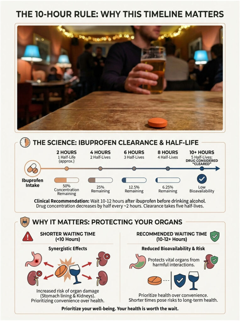 Infographic explaining ibuprofen clearance and half-life with charts and icons on waiting times and organ protection.