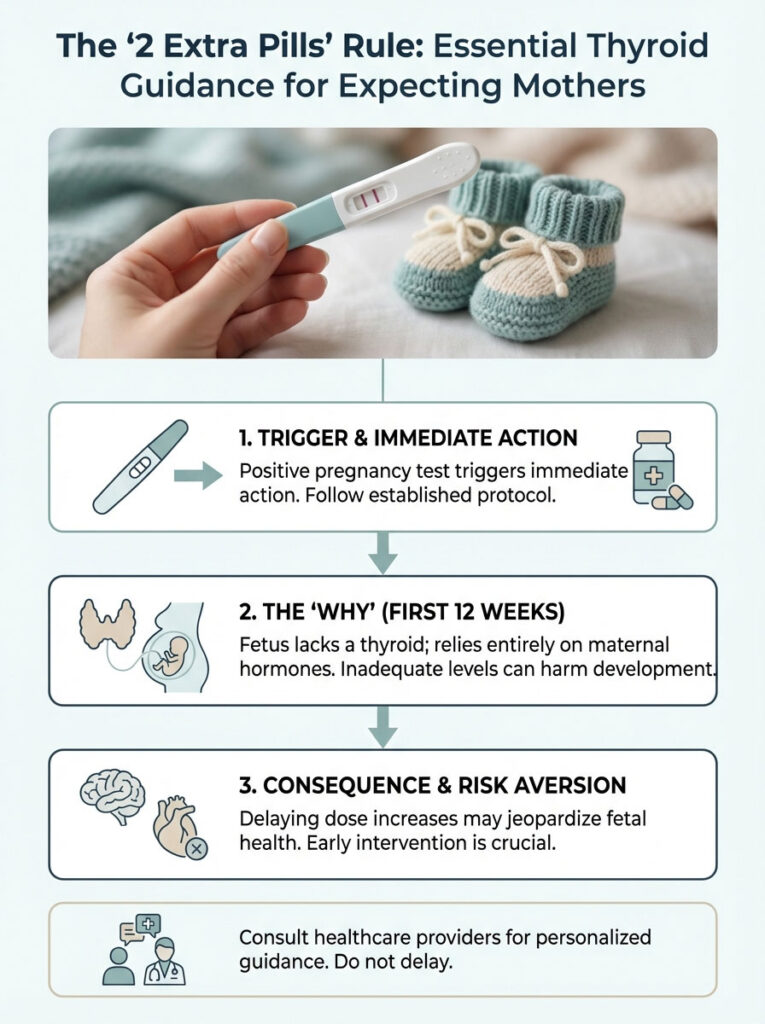 Infographic explaining thyroid guidance for expecting mothers with a pregnancy test and baby shoes illustration.