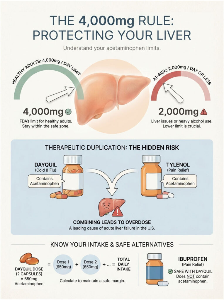 Infographic showing acetaminophen limits for liver health, including dosage guidelines and risks of overdose.