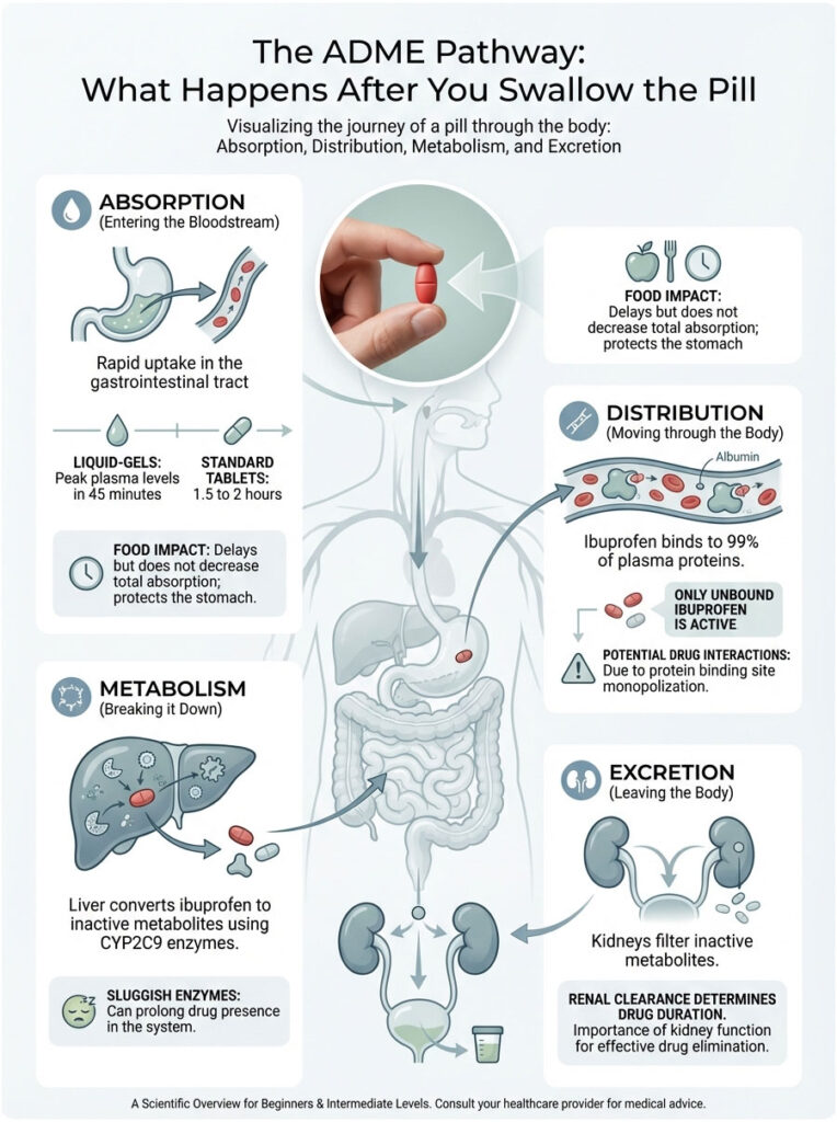 Infographic illustrating the ADME pathway of a pill, detailing absorption, distribution, metabolism, and excretion processes.