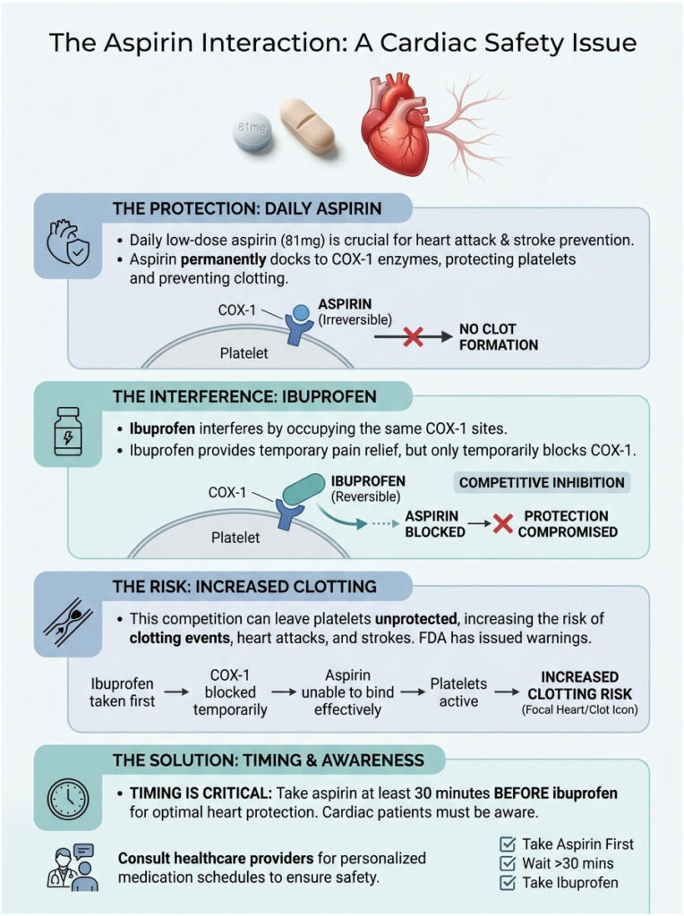 Infographic explaining aspirin's cardiac protection, ibuprofen's interference, and timing for safe use.