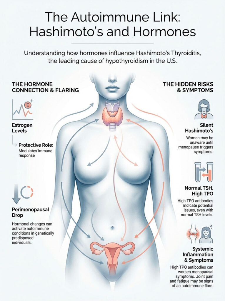 Infographic illustrating the connection between hormones and Hashimoto's Thyroiditis, showing symptoms and risks.