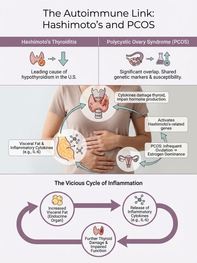 Infographic showing the link between Hashimoto's Thyroiditis and PCOS with charts and illustrations of symptoms and cycles.