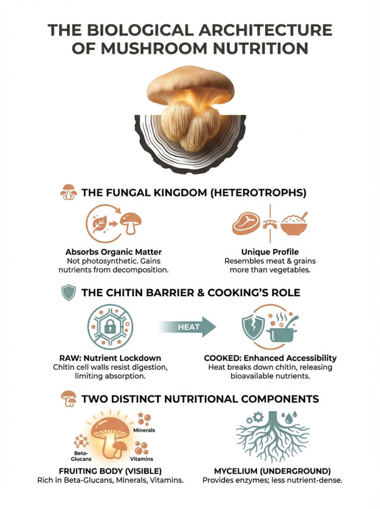 Infographic explaining mushroom nutrition, featuring charts on the fungal kingdom, chitin barrier, and nutritional components.