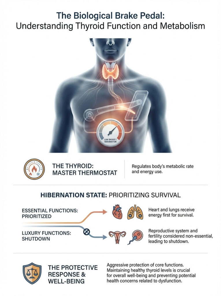Infographic explaining thyroid function, metabolism, and survival priorities with illustrations and text descriptions.