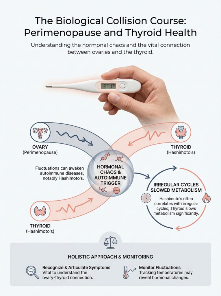 Infographic showing the connection between perimenopause and thyroid health, highlighting hormonal chaos and autoimmune triggers.