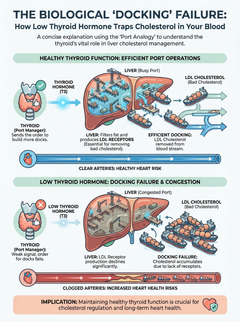 Infographic explaining thyroid hormone's role in cholesterol management with diagrams of liver function and LDL cholesterol.