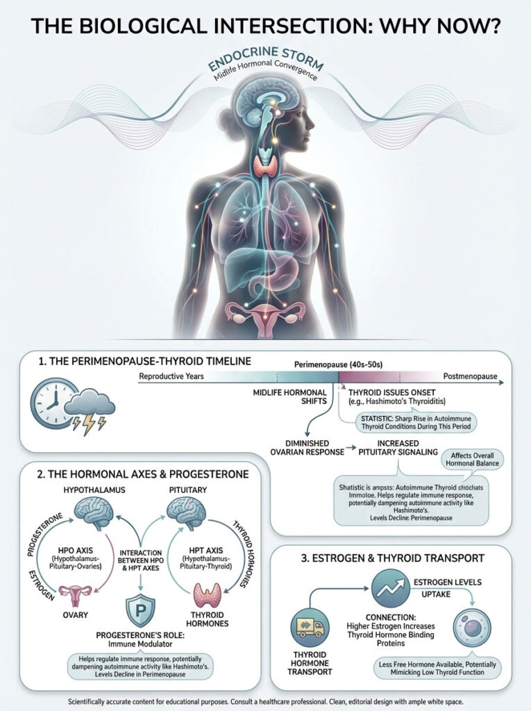 Infographic illustrating hormonal changes during perimenopause, thyroid issues, and hormonal axes interactions.