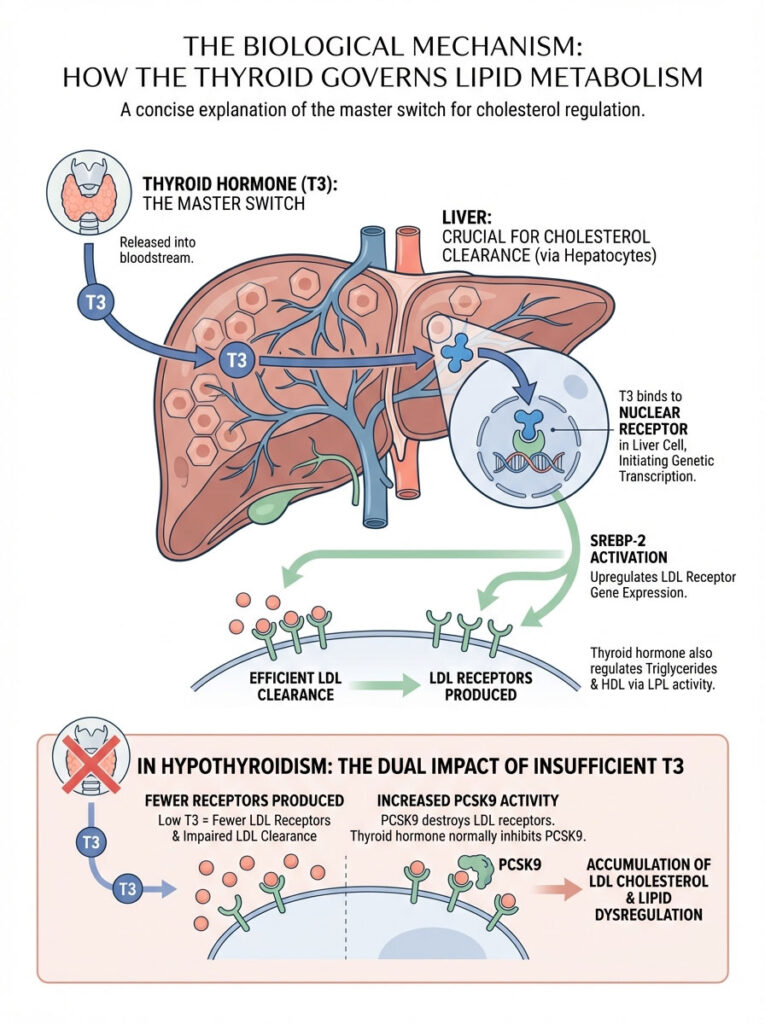 Infographic explaining thyroid hormone T3's role in lipid metabolism and cholesterol regulation in the liver.