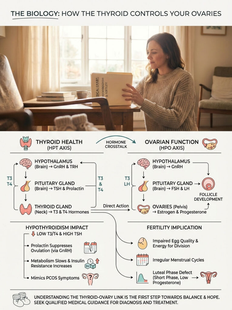 Infographic showing thyroid health and its impact on ovarian function, including hormone pathways and fertility implications.