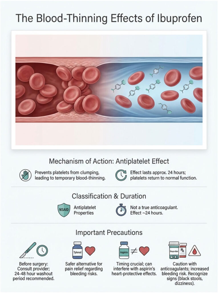 Infographic illustrating blood-thinning effects of ibuprofen with red blood cells and chemical structures.