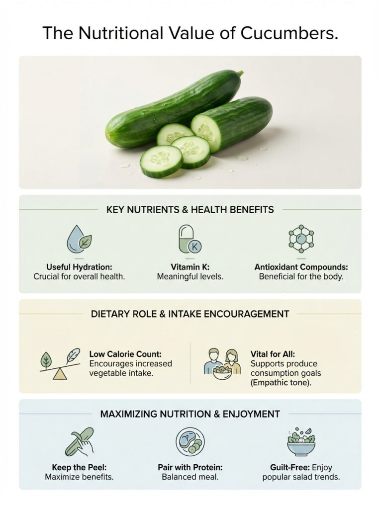 Cucumber infographic showing health benefits, nutrients, and dietary tips with illustrations and text sections.