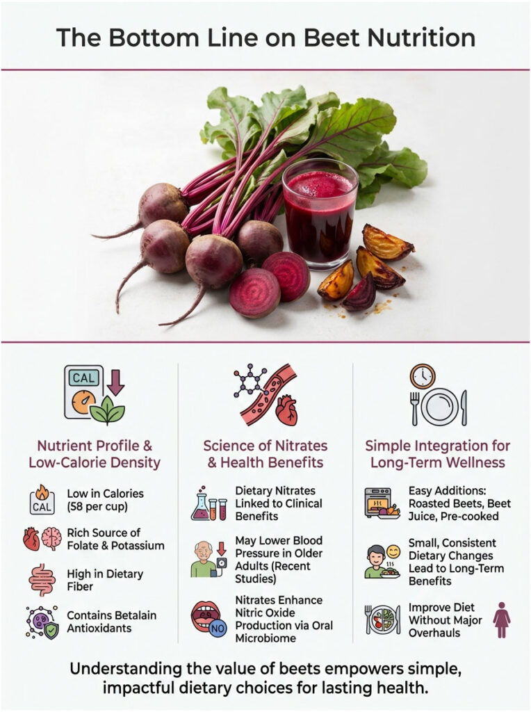 Infographic on beet nutrition featuring beets, juice, and health benefits with icons and text sections.