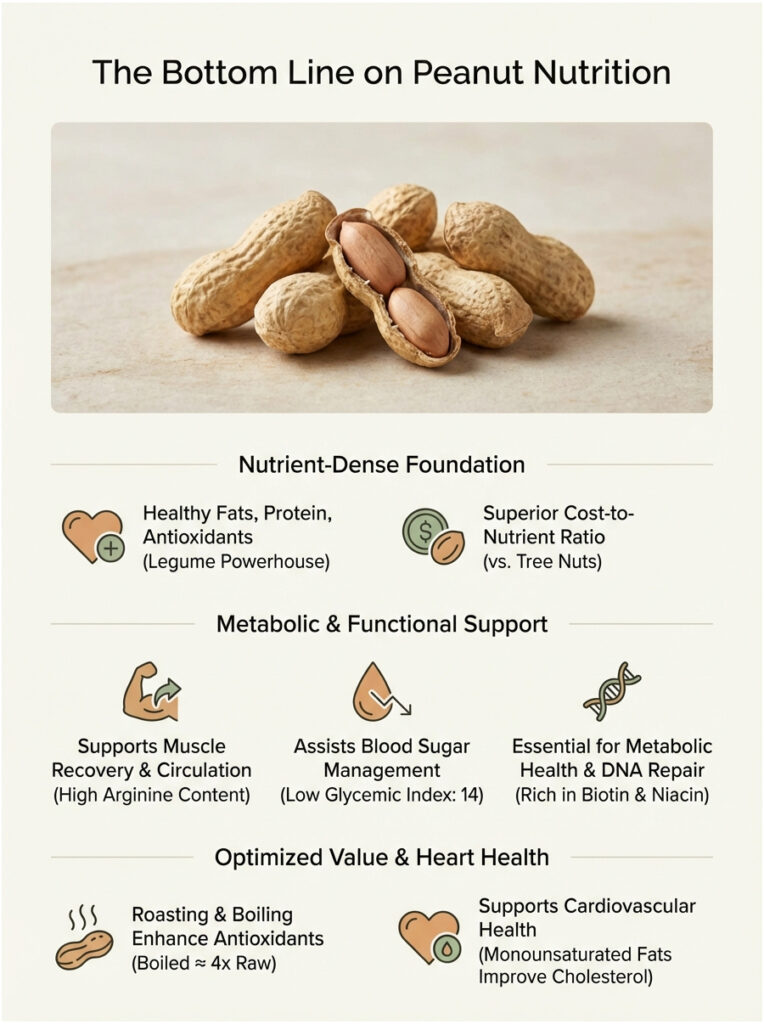 Infographic on peanut nutrition highlighting health benefits, nutrient density, and support for muscle recovery and heart health.