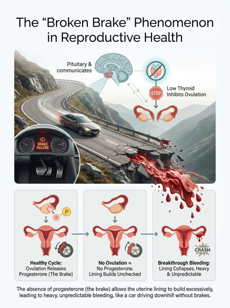 Infographic explaining the "Broken Brake" phenomenon in reproductive health with charts and illustrations of ovulation and bleeding.