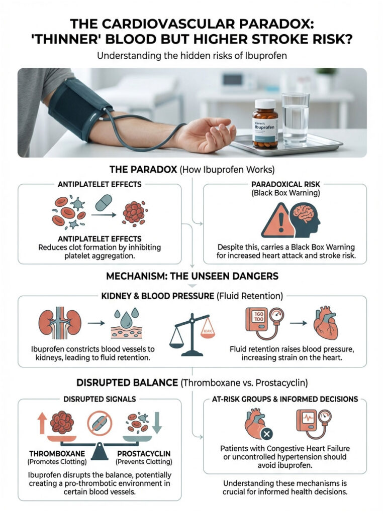 Infographic explaining ibuprofen's paradoxical effects on blood thinning and stroke risk, with charts and icons.