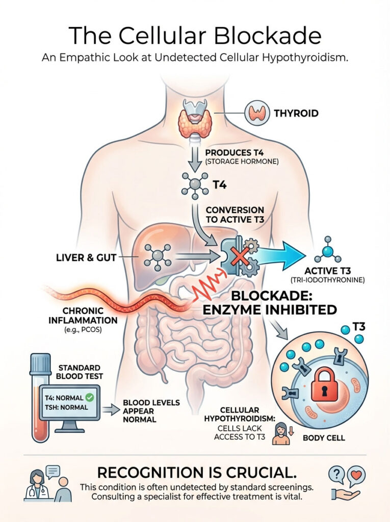 Infographic illustrating cellular hypothyroidism, showing thyroid, T4, T3, and chronic inflammation effects.