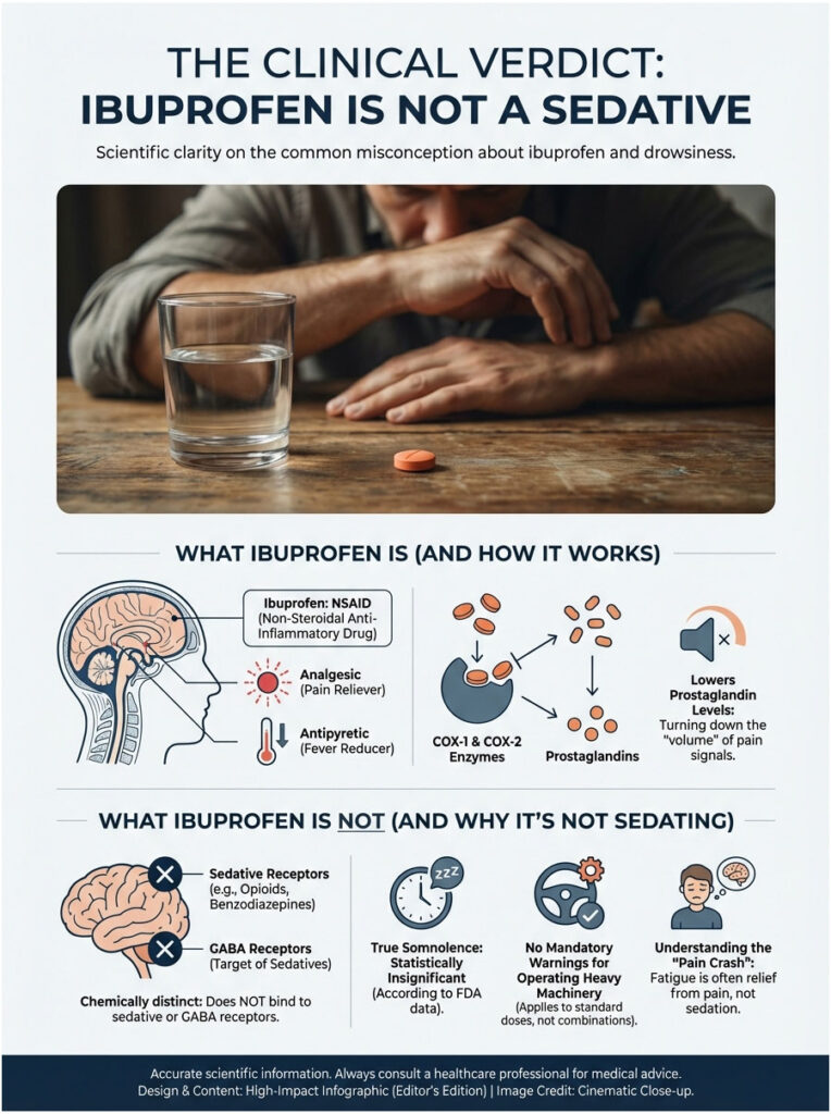Infographic explaining ibuprofen's effects, including its role as a pain reliever and non-sedative properties.