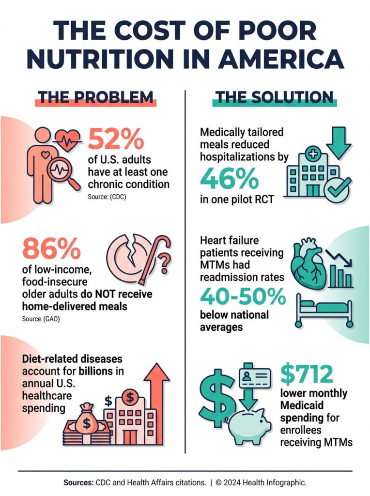 Infographic showing statistics on poor nutrition in America, including chronic conditions and healthcare costs.