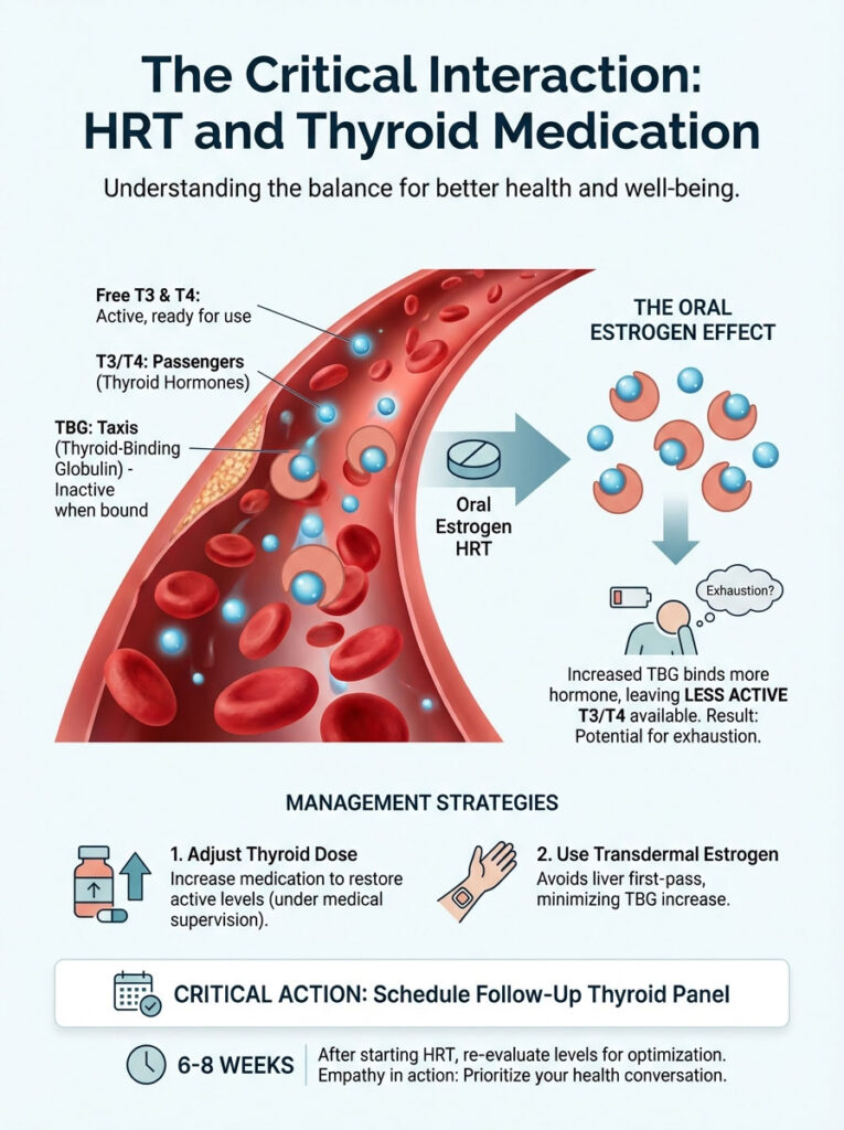 Infographic showing the interaction between HRT and thyroid medication, including blood components and management strategies.
