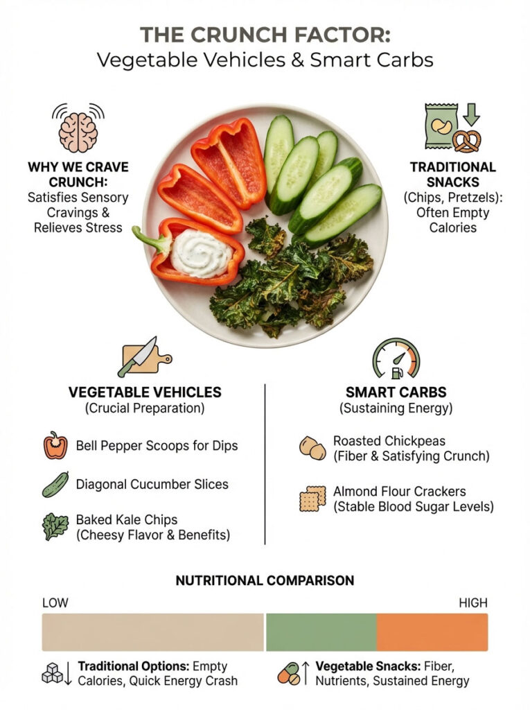 Infographic showing vegetable vehicles and smart carbs for healthy snacks, with text and illustrations of foods and benefits.