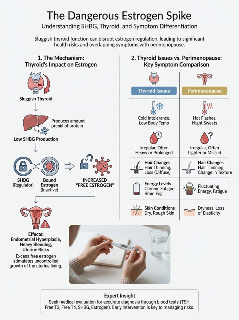 Infographic explaining the relationship between thyroid function and estrogen regulation, detailing symptoms of thyroid issues and perimenopause.