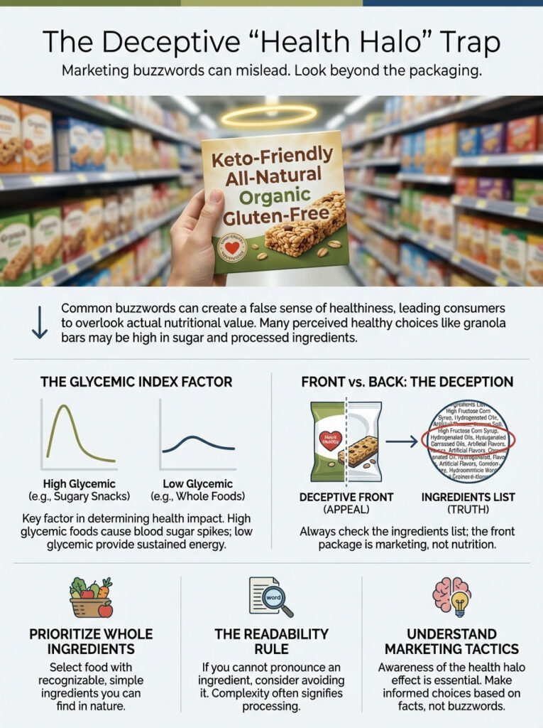 Infographic explaining the "Health Halo" trap with charts on glycemic index and tips on ingredient evaluation.